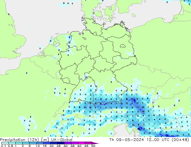 Precipitation (12h) UK-Global Th 09.05.2024 00 UTC