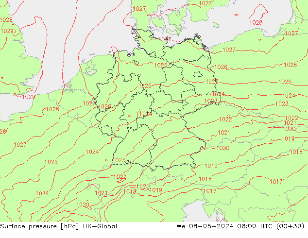 Pressione al suolo UK-Global mer 08.05.2024 06 UTC