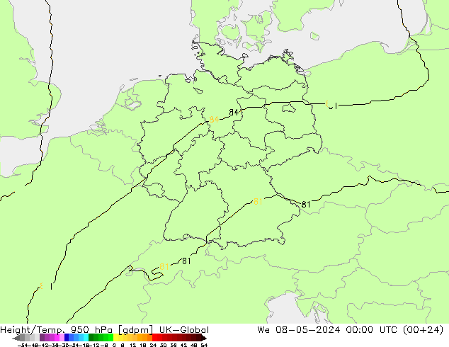 Height/Temp. 950 гПа UK-Global ср 08.05.2024 00 UTC