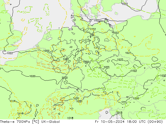 Theta-e 700hPa UK-Global vie 10.05.2024 18 UTC
