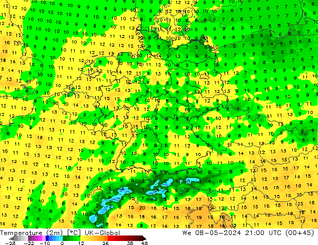 Temperature (2m) UK-Global We 08.05.2024 21 UTC