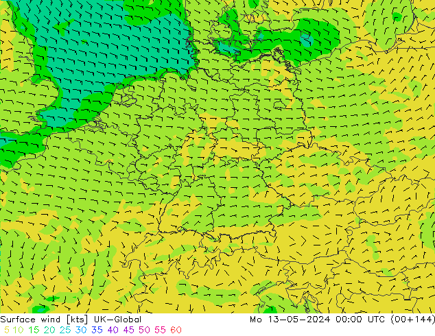 Vent 10 m UK-Global lun 13.05.2024 00 UTC