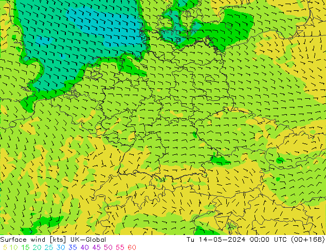 Viento 10 m UK-Global mar 14.05.2024 00 UTC