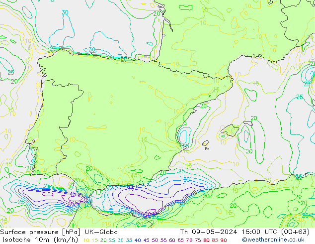 Eşrüzgar Hızları (km/sa) UK-Global Per 09.05.2024 15 UTC