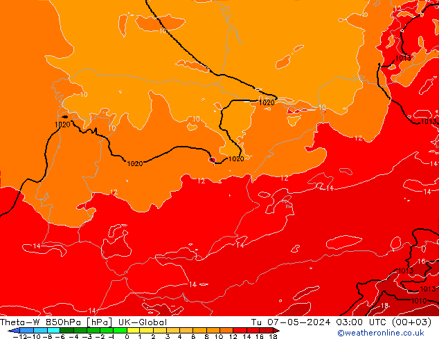 Theta-W 850hPa UK-Global Tu 07.05.2024 03 UTC