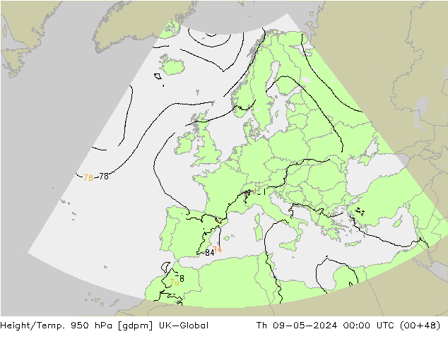 Yükseklik/Sıc. 950 hPa UK-Global Per 09.05.2024 00 UTC