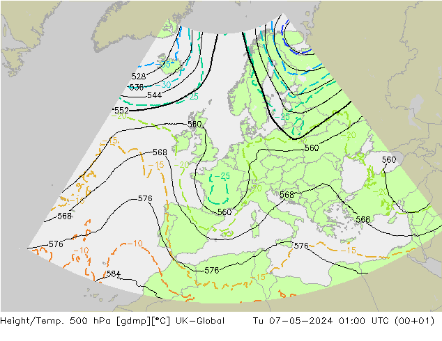 Height/Temp. 500 hPa UK-Global Tu 07.05.2024 01 UTC