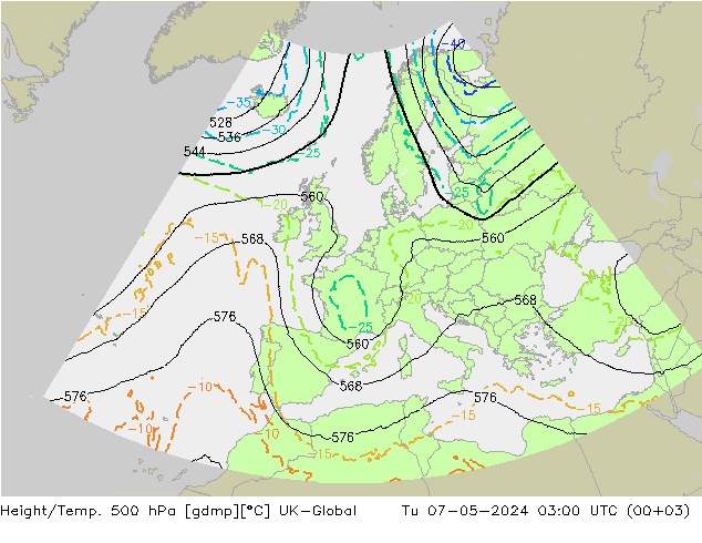 Yükseklik/Sıc. 500 hPa UK-Global Sa 07.05.2024 03 UTC