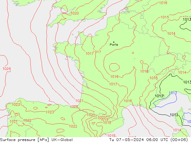 Surface pressure UK-Global Tu 07.05.2024 06 UTC