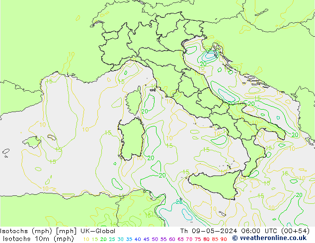 Isotachs (mph) UK-Global Čt 09.05.2024 06 UTC