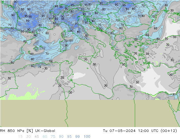 RH 850 hPa UK-Global mar 07.05.2024 12 UTC
