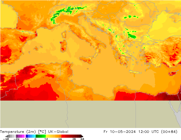 Temperatuurkaart (2m) UK-Global vr 10.05.2024 12 UTC