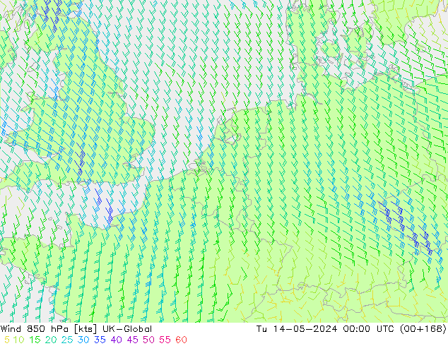 Wind 850 hPa UK-Global Tu 14.05.2024 00 UTC