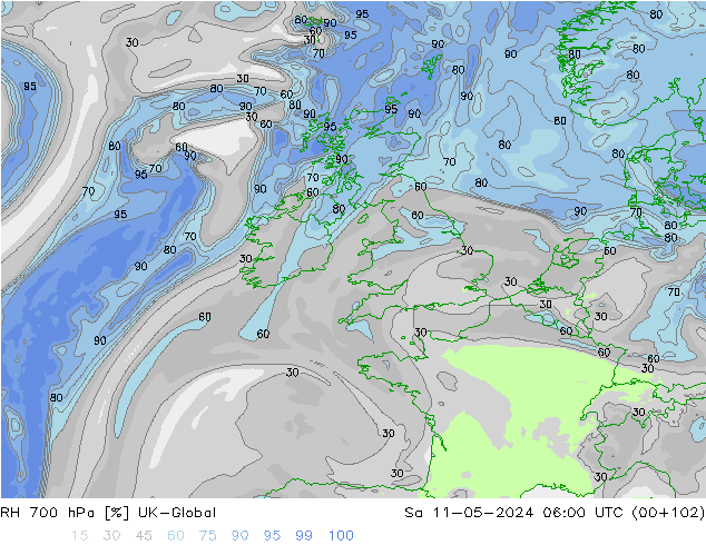 Humedad rel. 700hPa UK-Global sáb 11.05.2024 06 UTC