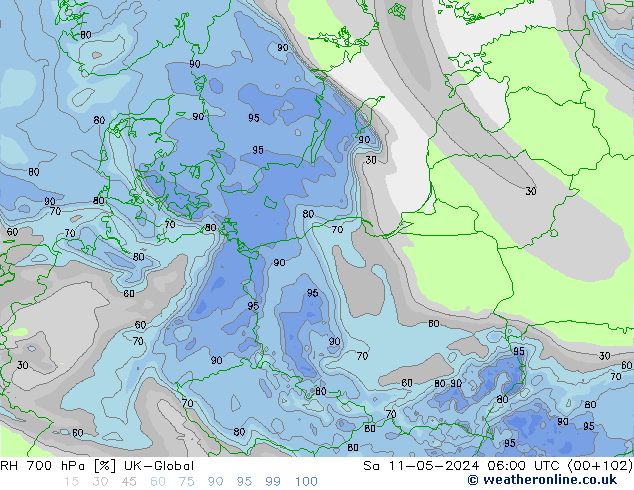 RH 700 hPa UK-Global Sáb 11.05.2024 06 UTC