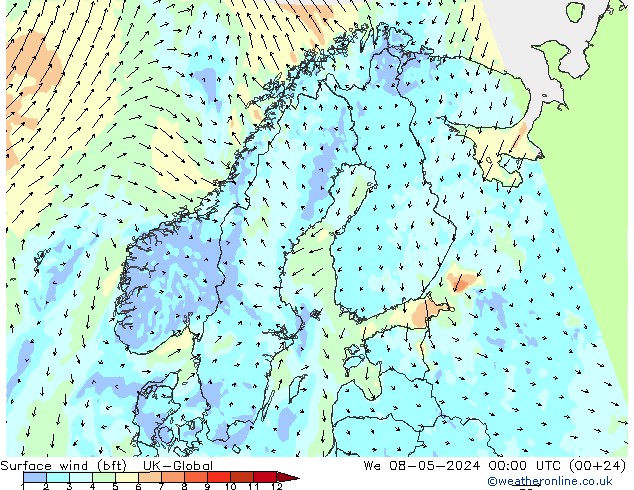 Surface wind (bft) UK-Global We 08.05.2024 00 UTC