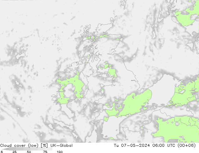 Cloud cover (low) UK-Global Tu 07.05.2024 06 UTC