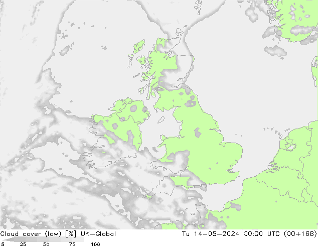 Cloud cover (low) UK-Global Tu 14.05.2024 00 UTC
