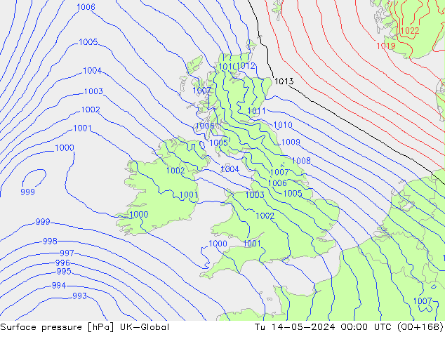 Surface pressure UK-Global Tu 14.05.2024 00 UTC