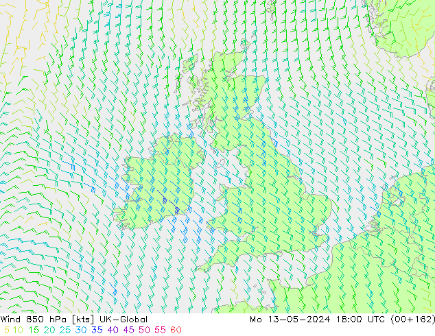 Wind 850 hPa UK-Global Mo 13.05.2024 18 UTC