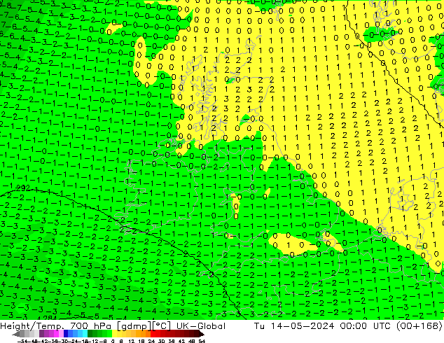 Height/Temp. 700 hPa UK-Global Di 14.05.2024 00 UTC