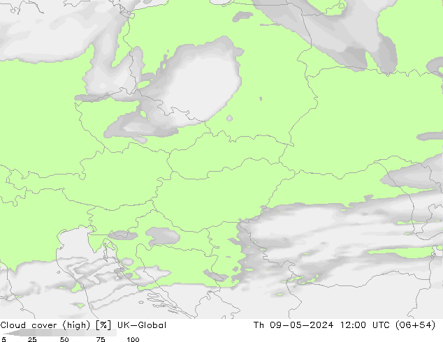 Cloud cover (high) UK-Global Th 09.05.2024 12 UTC