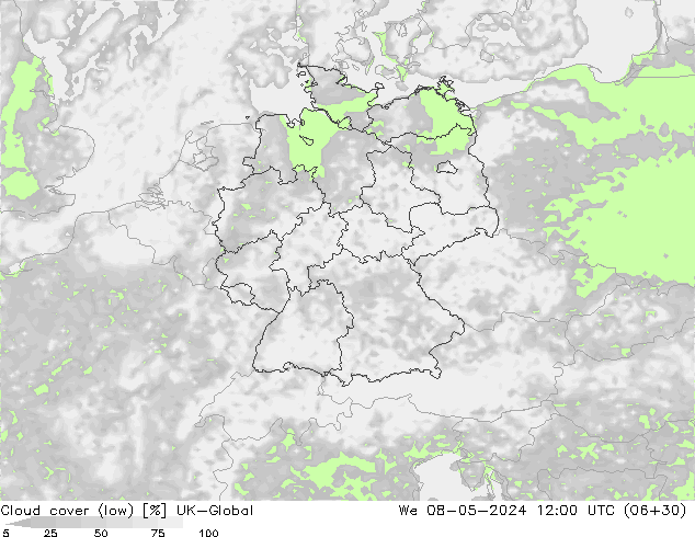 Cloud cover (low) UK-Global We 08.05.2024 12 UTC