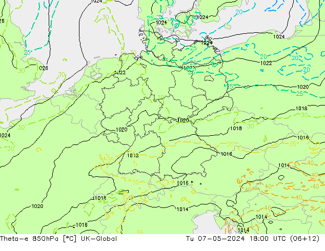 Theta-e 850hPa UK-Global Di 07.05.2024 18 UTC