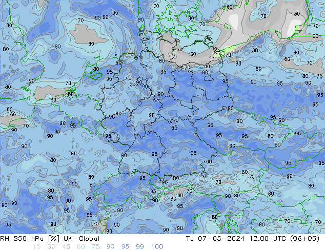 RH 850 гПа UK-Global вт 07.05.2024 12 UTC