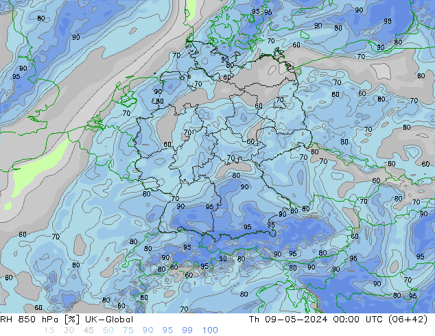 Humidité rel. 850 hPa UK-Global jeu 09.05.2024 00 UTC