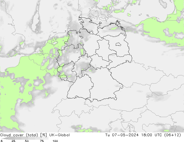 Cloud cover (total) UK-Global Tu 07.05.2024 18 UTC