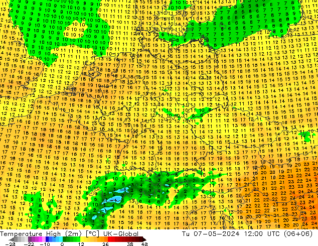 Temperature High (2m) UK-Global Tu 07.05.2024 12 UTC