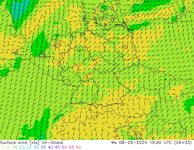 wiatr 10 m UK-Global śro. 08.05.2024 15 UTC