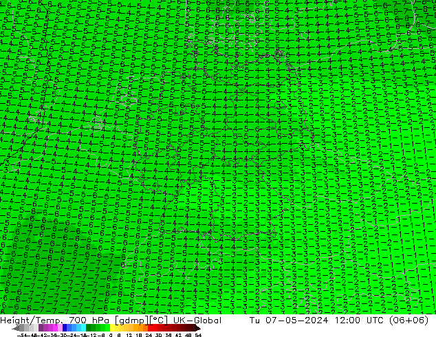 Geop./Temp. 700 hPa UK-Global mar 07.05.2024 12 UTC