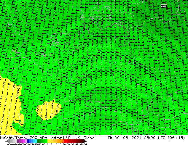 Height/Temp. 700 hPa UK-Global Th 09.05.2024 06 UTC