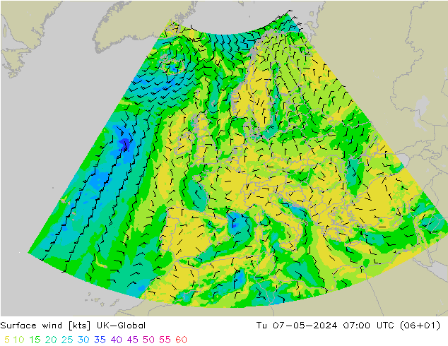 Viento 10 m UK-Global mar 07.05.2024 07 UTC