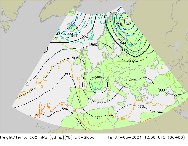Height/Temp. 500 hPa UK-Global Tu 07.05.2024 12 UTC