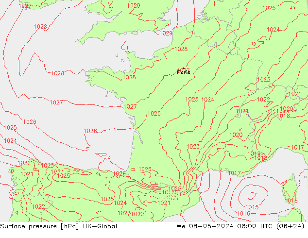 Presión superficial UK-Global mié 08.05.2024 06 UTC