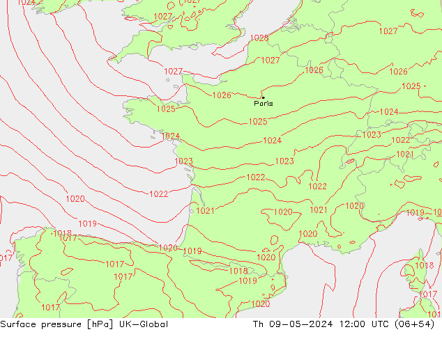 Pressione al suolo UK-Global gio 09.05.2024 12 UTC