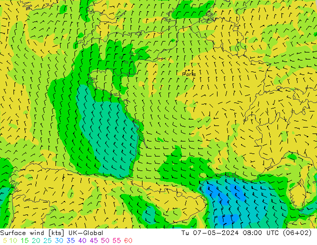Surface wind UK-Global Tu 07.05.2024 08 UTC