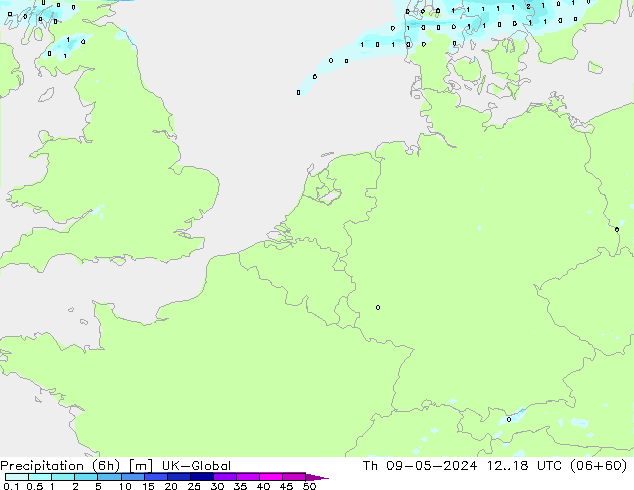 Totale neerslag (6h) UK-Global do 09.05.2024 18 UTC