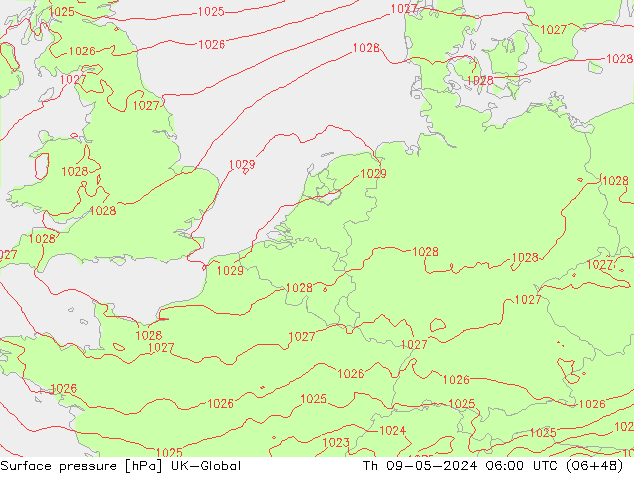 Surface pressure UK-Global Th 09.05.2024 06 UTC