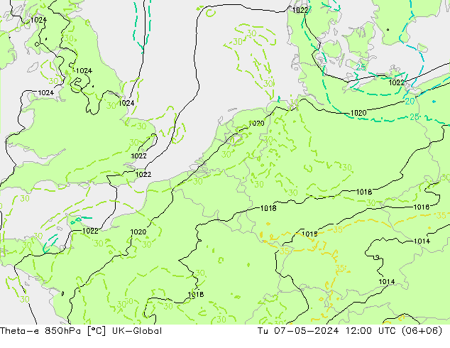 Theta-e 850hPa UK-Global Di 07.05.2024 12 UTC