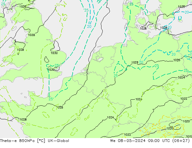 Theta-e 850hPa UK-Global We 08.05.2024 09 UTC