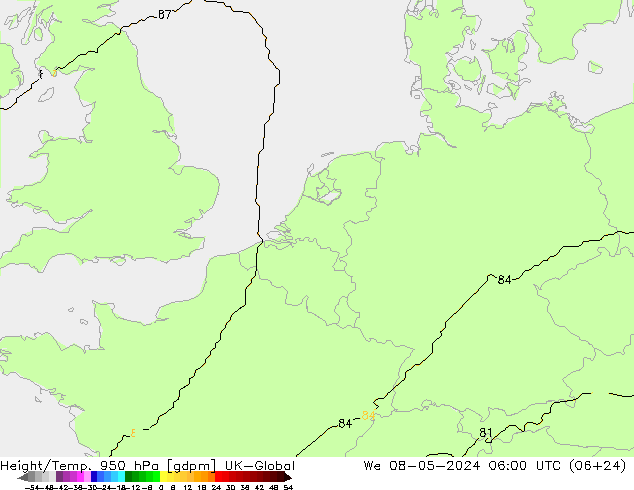 Height/Temp. 950 hPa UK-Global śro. 08.05.2024 06 UTC