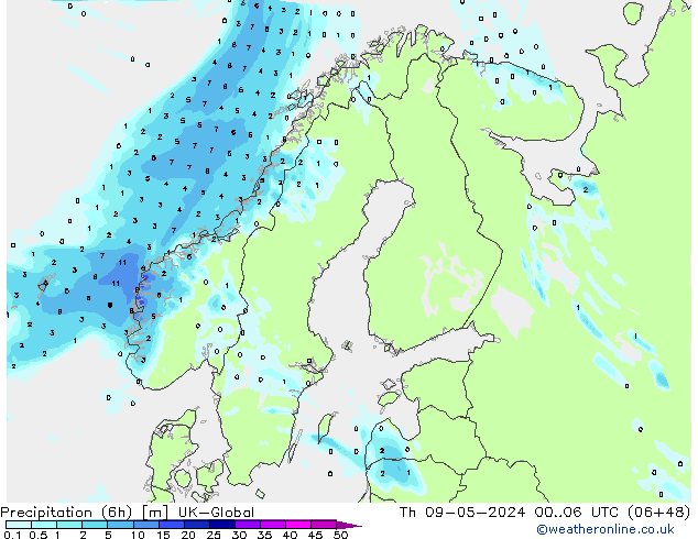 Precipitation (6h) UK-Global Čt 09.05.2024 06 UTC