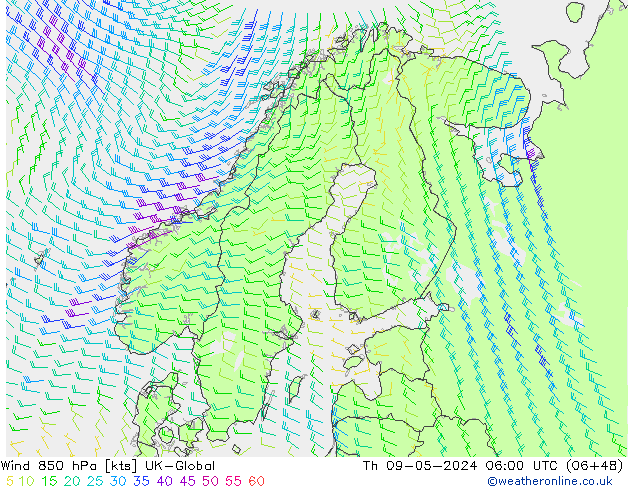 Wind 850 hPa UK-Global Čt 09.05.2024 06 UTC