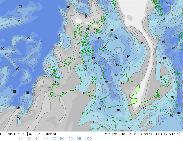 Humedad rel. 850hPa UK-Global mié 08.05.2024 06 UTC