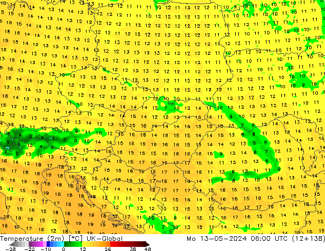 Temperature (2m) UK-Global Mo 13.05.2024 06 UTC