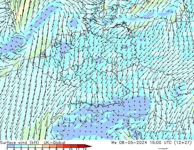 Wind 10 m (bft) UK-Global wo 08.05.2024 15 UTC